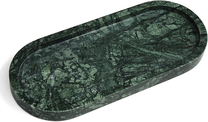 100% Natural Marble Vanity Tray for Bathroom, Luxury Indian Green Decorative Marble Oval Trays for Bathroom Countertop Storage Organizer, Vanity Dresser Kitchen Home Decor, 10.2" x 4.3", Green