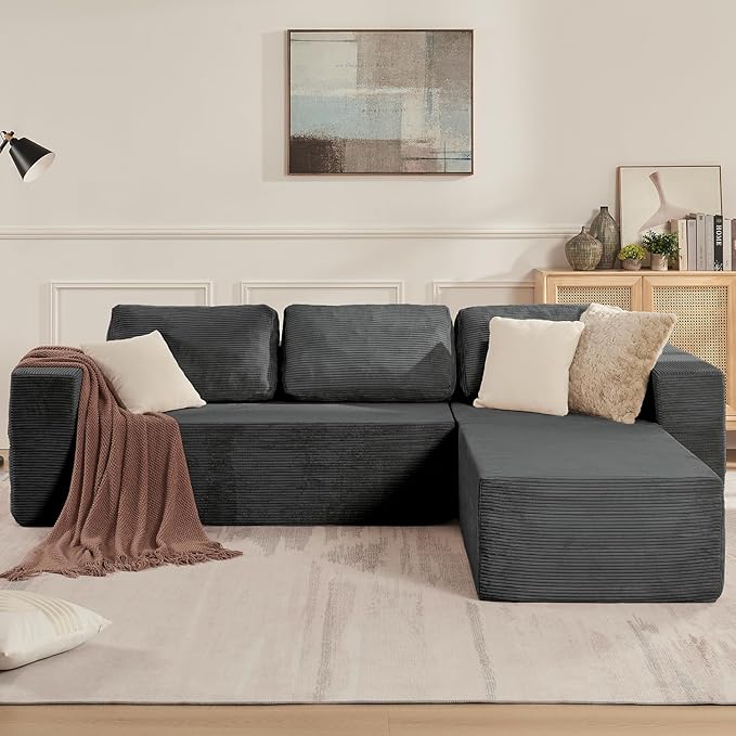 106" Cloud Sectional Couch, Left/Right Facing Convertible Sofa with Deep Seat, L-Shape Modular Upholstered Foam Couch for Living Room Bedroom, No Assembly Required (Corduroy Fabric, Grey)