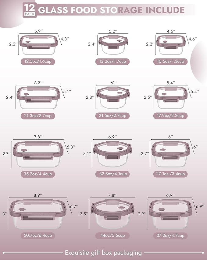 12-Pack Glass Containers with Tempered Lids – Borosilicate, Oven-Safe, Airtight, BPA-Free, Multi-Size for Meal Prep, Dishwasher Safe (Pink)