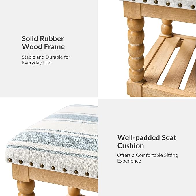 HULALA HOME Entryway Bench with Soild Wood Shelf, 58" Upholstered Shoe Storage Bench with Spindle Legs, Nailhead Trim Detail for Bedroom, Living Room, Hallway, Strip