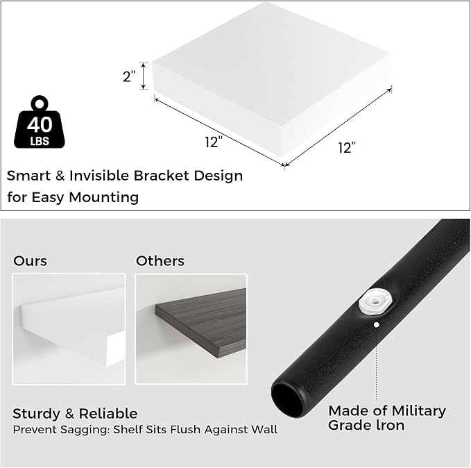 Square Floating Shelves for Wall, 12" W x 12" D x 2" H, 2 Pack of Small Wall Mounted Engineered Wood Shelves with Invisible Brackets for Living Room, Bedroom, Bathroom, Kitchen Decor, White