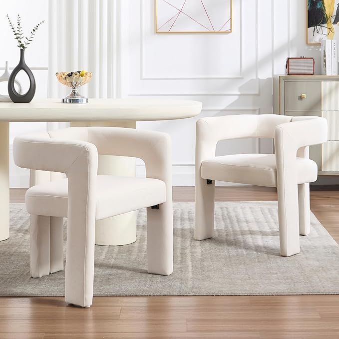 Modern Dining Chairs Set of 2, Upholstered Side Chairs Linen Fabric Guest Chairs with Barrel Backrest Armchair for Dining Room Living Room, Beige