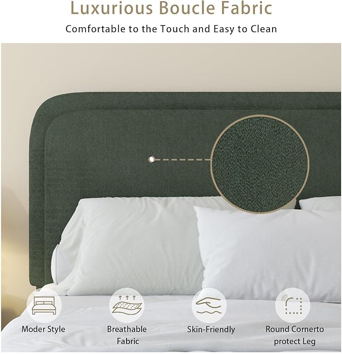 BarnFurin Full Size Bed Frame with Headboard, Boucle Upholstered Platform Bed Frame, Modern Style, Soft Rounded Corners, No Box Spring Required, Easy Assembly, Green