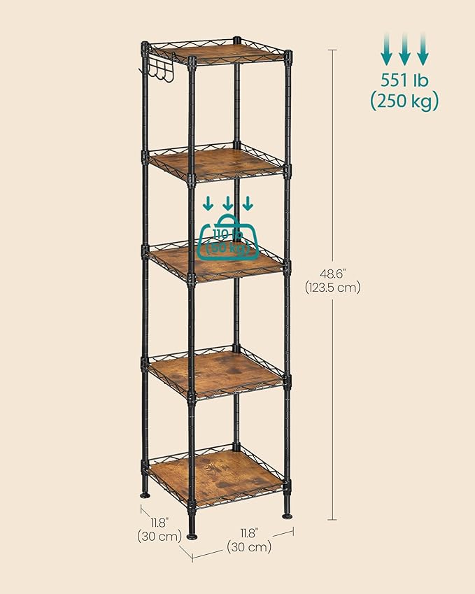 SONGMICS 5-Tier Bathroom Shelf, Storage Rack for Small Space, with 5 PP Shelf Liners, Removable Hook, Extendable Design, Ink Black and Rustic Brown ULGR023B02