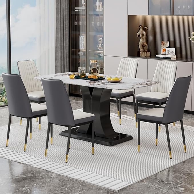 Modern Dining Table Set for 6, Marble Kitchen Table Chair Set for 6, Rectangular Kitchen Table with 6 Pu Leather Upholstered Chair for Dining Room