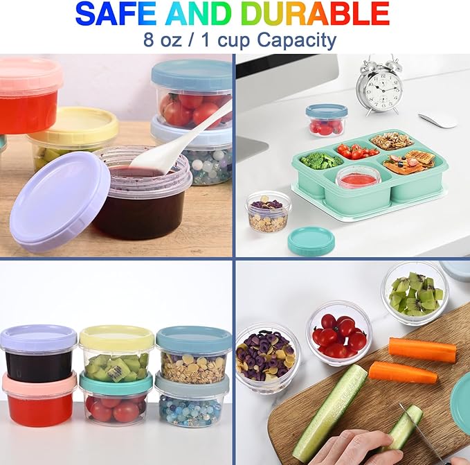 6pcs 8 oz Plastic Containers with Screw Lids, Reusable Clear Food Storage Containers with Pen and Brush for Snack Salad Fruit, Leakproof Small Freezer Containers, Microwave & Dishwasher Safe