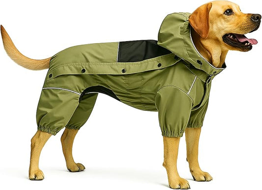 LOVELONGLONG Fleece-Lined Dog Raincoat with Removable Hood – Waterproof Winter Full Body Dog Jacket – Windproof Snowproof Cold-Weather Suit – Green-F XL