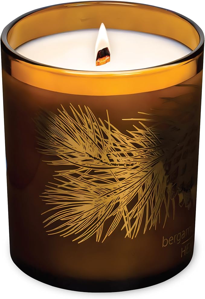 Hemlock Park Amber Gold Leaf Glass Wood Wick Candle Handcrafted with Natural Coconut Wax (Standard 7.2 oz, Bergamot Cedar)