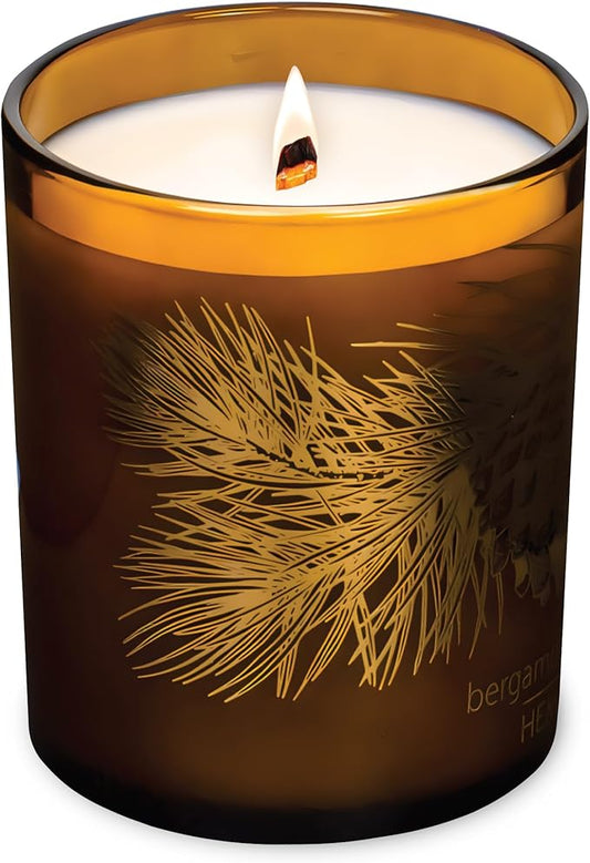 Hemlock Park Amber Gold Leaf Glass Wood Wick Candle Handcrafted with Natural Coconut Wax (Standard 7.2 oz, Bergamot Cedar)