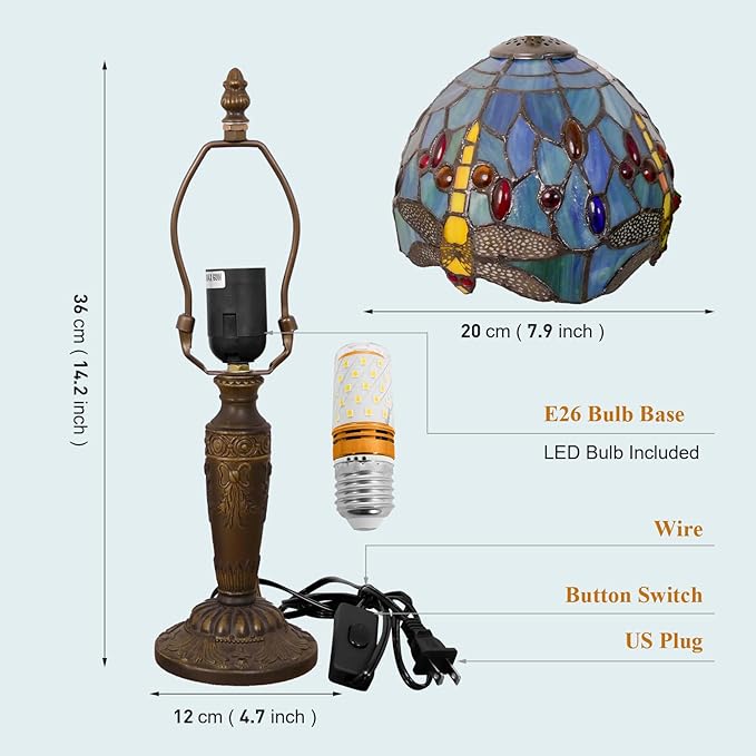 Tiffany Lamp Stained Glass Table Lamp 7.9X7.9X14.2 Inches Dragonfly Style Desk Reading Light