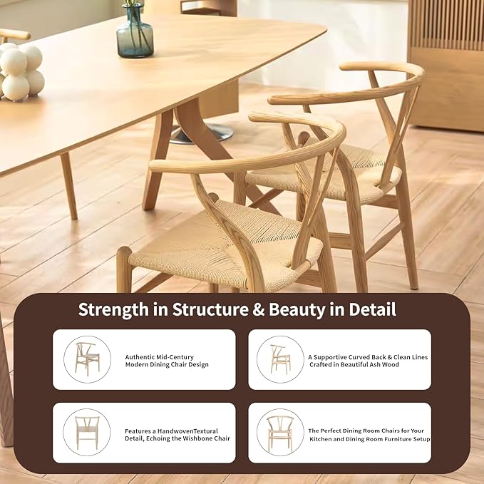 Tomile Wishbone Chair Y Chair, Wooden Dining Chairs Set of 4, Mid Century Modern Chairs with Arms, Solid Wood Weave Seat Kitchen & Dining Room Chairs (Ash Wood - Natural Wood Color)