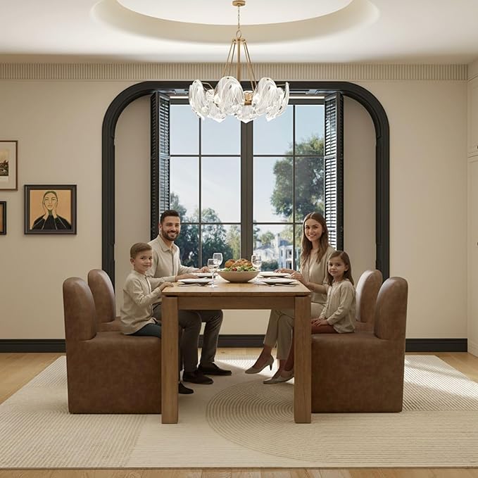 Brown Upholstered Leather Dining Chairs Set of 4, Mid Century Modern Dining Room Chairs with Deep Seat & Curved Back, Armless Side Chair Comfy Kitchen Chairs for Living Room/Kitchen