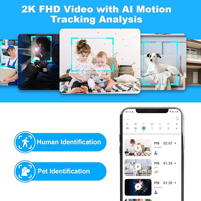 2K Pan/Tilt Security Camera, WiFi Indoor Camera for Home Security with AI Motion Detection, Baby/Pet Camera with Phone App, Color Night Vision, 2-Way Audio, 24/7, Siren, TF/Cloud Storage - 2 Pack