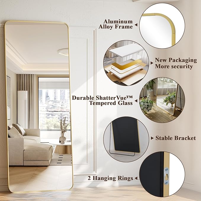 65"x24" Floor Full Length Mirror Standing Full Body Rounded Corner Rectangle Mirrors with Stand Hanging Wall Mounted Leaning Bedroom Living Room Bedroom Cloakroom,Gold