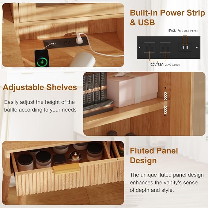 Fluted Vanity Desk with LED Lights Mirror & Power Outlet,Modern Glass Top Elegant Vanity Desk with 5 Drawers and Storage Shelf,Dressing Table for Bedroom Girls Women