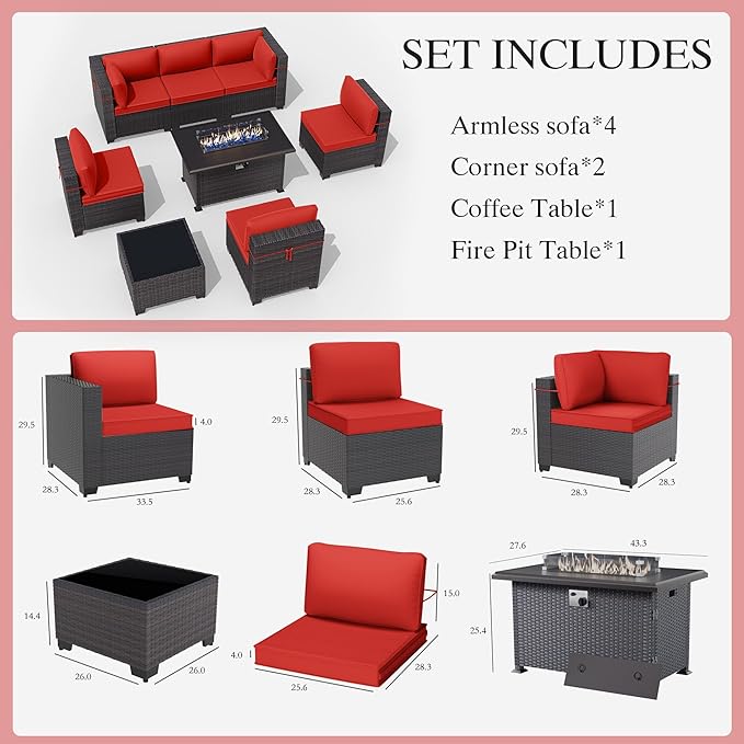 Gotland 8 Pieces Patio Furniture Set with Fire Pit Table, All Weather Rattan Outdoor Furniture with 29.5'' High Backrest 4’’ Thick Cushions Coffee Table, Outdoor Sectional for Porch, Deck, Red