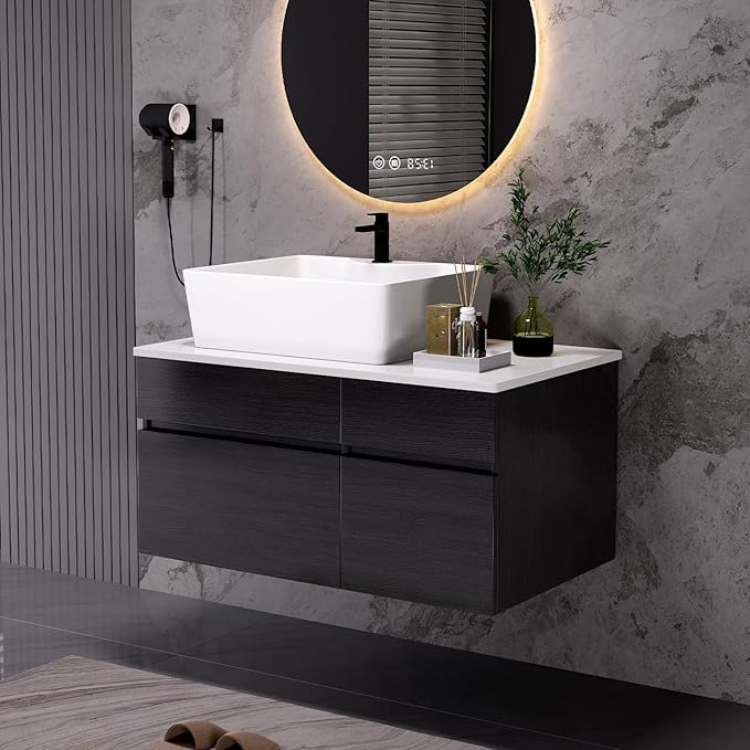 Goujxcy 31.5" Wall Mounted Bathroom Vanity with Sink, Modern Floating Bathroom Cabinet with Ceramic Sink & Storage, Wood Hanging Bath Room Cabinet with Soft-Close System (White & Black)