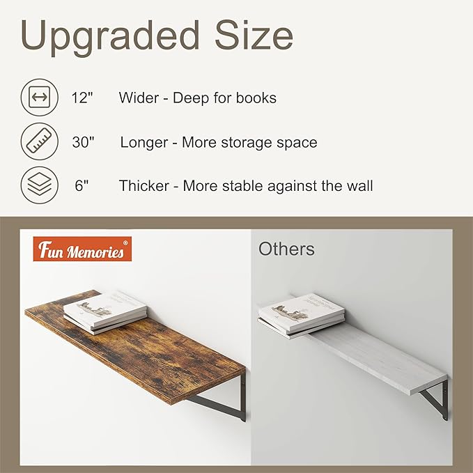 12 Inch Deep Floating Shelves, 30W x 12D Wall Shelves with Brackets, Floating Shelves 30 Inch Long, Rustic Wood Wall Shelf, Wide Storage Display Shelf for Kitchek, Living Room, Bathroom, Rustic Brown