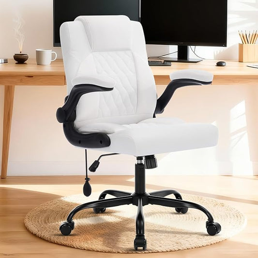 Office Chair with Adjustable Lumbar Support,Leather Ergonomic Computer Desk Chair with Flip-up Arms,Adjustable Tilt Lock,Swivel Rolling Executive PC Chair for Work, Study,Meeting,Small Space.White