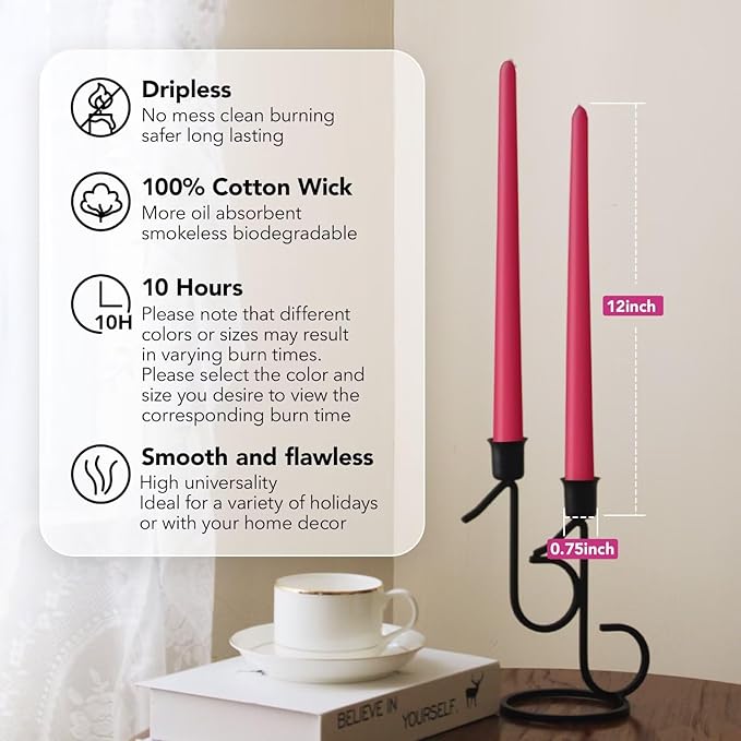 New Burning Formula Unscented Dripless 12-Inch Taper Candles Set of 12 - Hot Pink, for Wedding, Dinner - Smokeless, Long Burning - Hand Poured, Colored Tall Candlesticks - Rosa Intenso