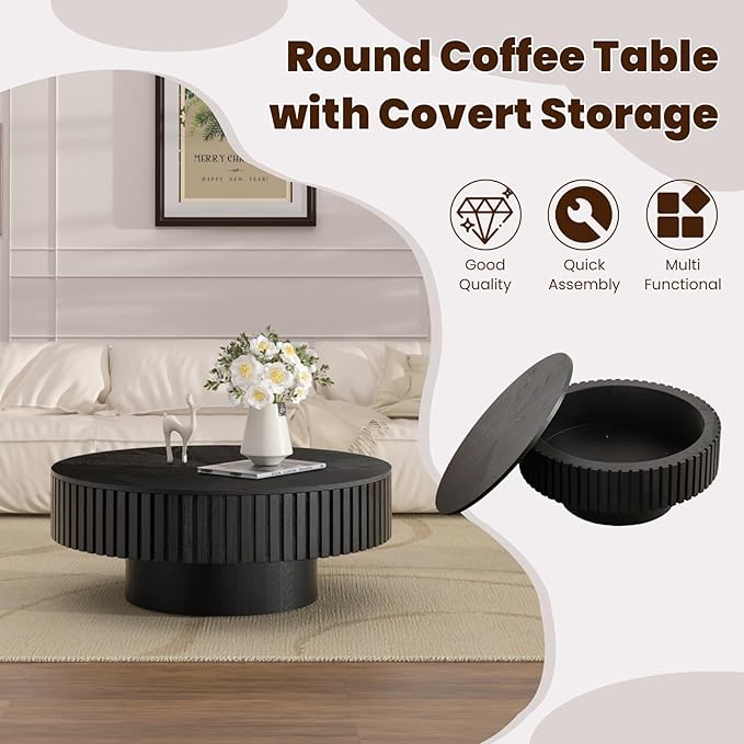 Round Drum Coffee Table with Storage, 31.5" Modern Handcraft Fluted Drum Coffee Table, Wooden Circle Center Table with Sturdy Pedestal for Living Room Apartment (31.5" Black with Storage)