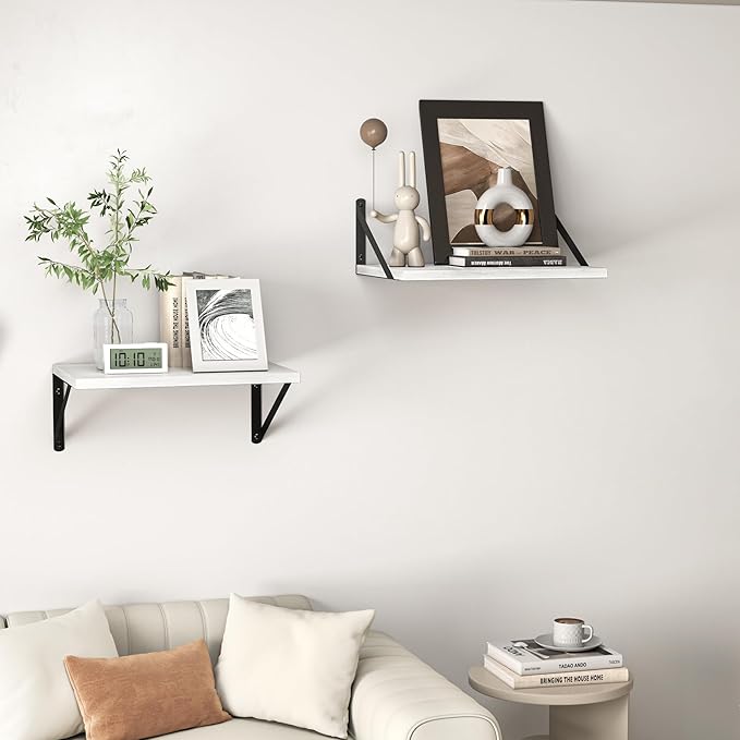 Heimlove White Deep Floating Shelves for Wall, 16W x 12D Wood Wall Shelves Set of 2, Wide Floating Bookshelf for Living Room, Kitchen, Office, Bedroom and Decor Storage, with Black Bracket - White