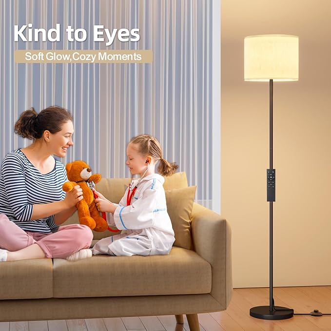 Keepsmile Dimmable Floor Lamps for LivingRoom with 12W LED Bulb, Foot Switch, Remote Custom Color Temperature Floor Light, Linen Shade Standing Lamps, Modern Tall Lamp for Office Bedroom Kid Room