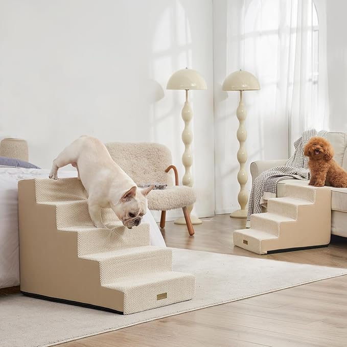 Dog Stairs for Small Dogs, 5 Tier Widened Pet Stairs for High Beds, 23.6" H Non-Slip Dog Steps for Puppy, Elderly, or Disabled Dogs, 17.7x30x23.6 inch, Beige