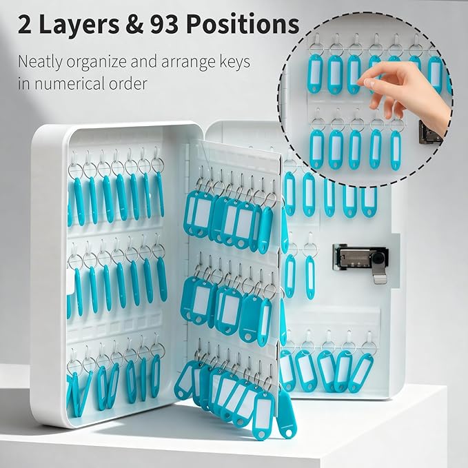 Key Cabinet Lock Box for 93 Keys, Wall Mounted White Security Storage Box Steel Key Organizer with Key Tag Labels Stickers and Hooks