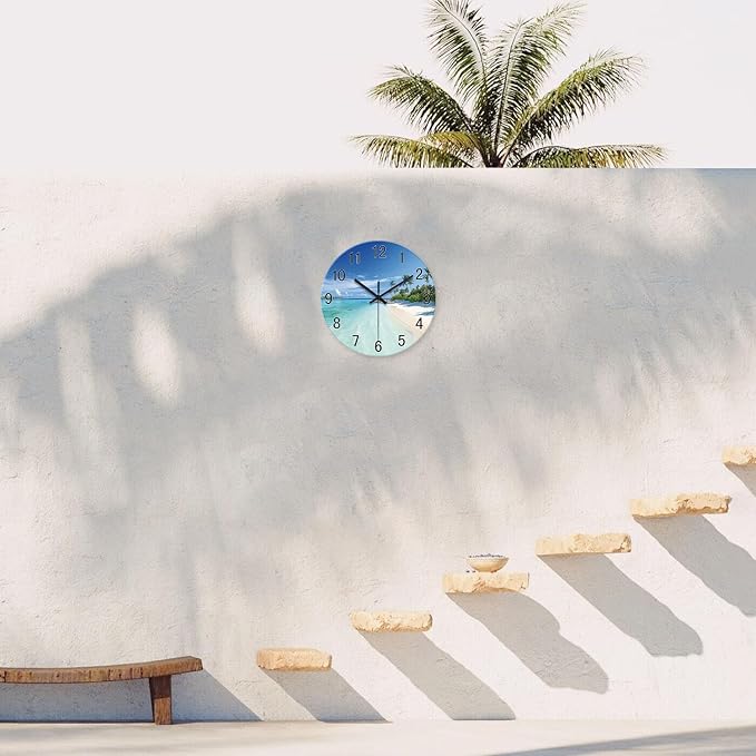 XFM Big Wall Clock Battery Operated Beach Coastal Wall Clocks 16 Inch Silent Non-Ticking Tropical Seascape Glass Wall Clock for Living Room Bedroom Kitchen Decor