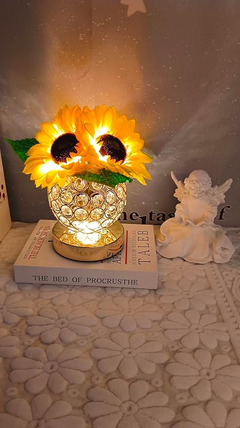 Crystal Cube LED Night Light with Sunflower Vase, USB Rechargeable Table Lamp, 3 Color Modes, Touch Control, Decorative Accent Light for Bedroom, Home (Round Crystal Globe (Sunflower))