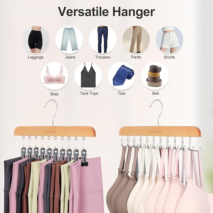 TOPIA HANGER 2 Pack Bra Hanger with 2 Pack Leggings Organizer, 2-in-1 Space Saving Hangers Neatly Store Max 40 Bras and 20 Leggings, Pants Jeans Shorts Skirt Tank Top Hanger for Closet Natural CT77N