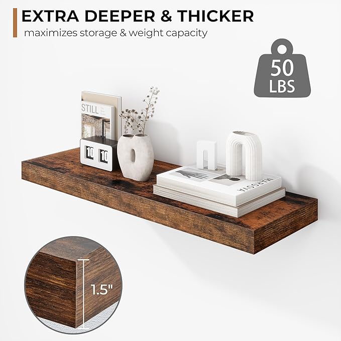 Fun Memories 24 Inch Floating Shelves - Deep Rustic Wooden Wall Shelves - Extra Deeper & Thicker Wall Mounted Storage Shelf for Bedroom, Kitchen, Farmhouse - 2 Pack, Rustic Brown