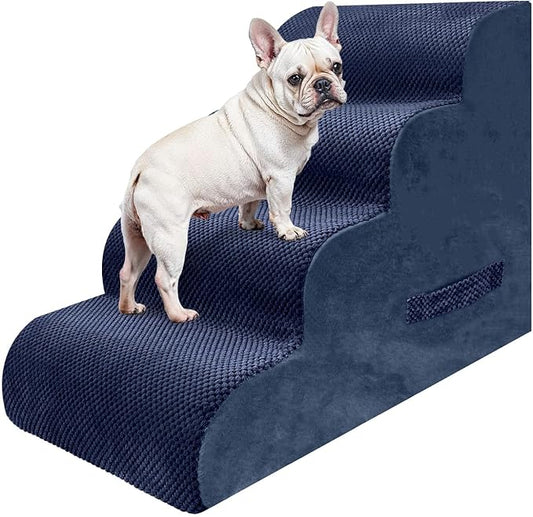PAWSCART Dog Stairs for Small Dogs and Cats, 4-Step Dog Steps for Bed, 19.6" H Pet Stairs for High Bed, Pet Ramp for Couch, Sofa, Non-Slip Surface Removable Washable Cover, Blue