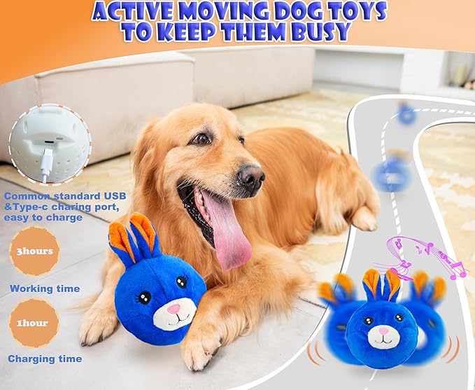 BABOLI Automatic Moving Dog Toy for Boredom, Attractive Bouncing Bunny Cover with a Talking and Vibrating Ball, USB-C Rechargeable Interactive Rabbit Dog Toy, Not for Aggressive Chewers