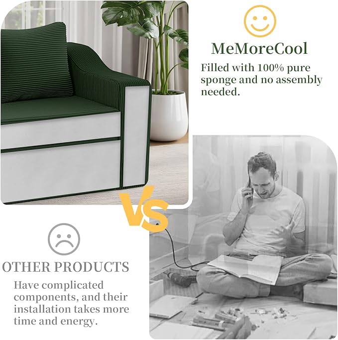 MeMoreCool Convertible Sofa Bed, Pull Out Loveseat Sofa Sleeper Couch for Bedroom Living Room Lounge, 2 in 1 Small Couch Bed with Pillow, Foldable Love Seat Futon Corduroy Green