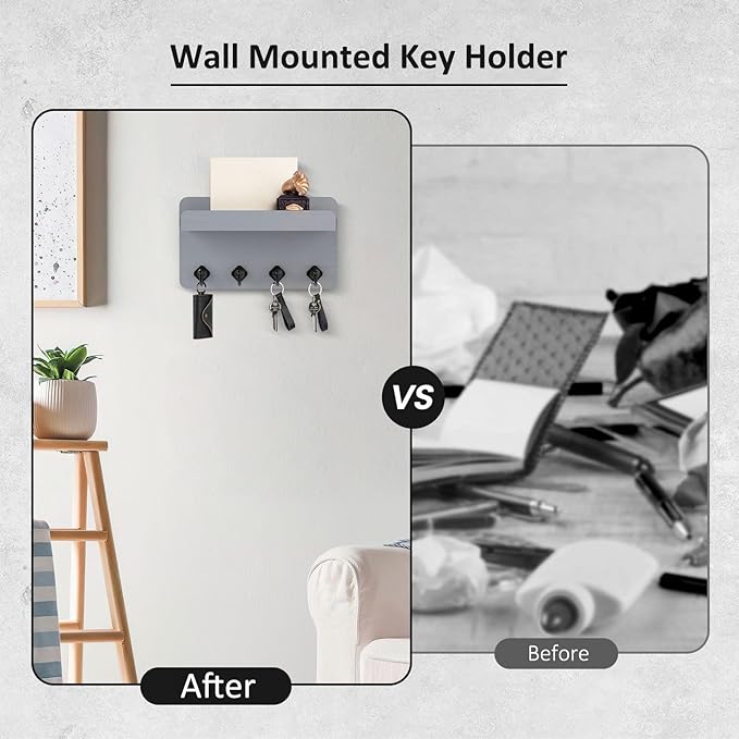 Nekon Key Holder Wall Mount, 8.5 Inch Small Home Decor Wooden Wall Organizer with 4 Hooks and Shelf, Key and Mail Holder for Living Room Entryway Kitchen (Gray)
