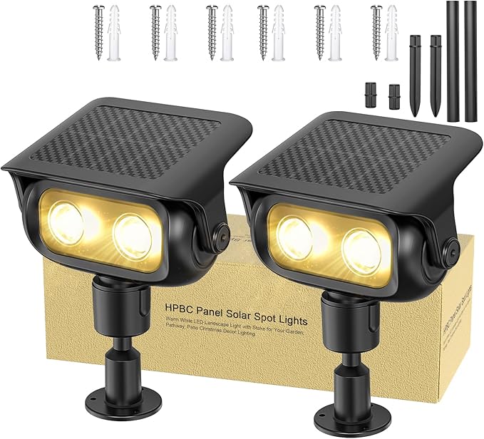 Solar Spotlight Outdoor, Warm White Stake Landscape Light with Dual Brightness, Fast-Charge HPBC Solar Panel, LiFePO4 Battery, IP67 Waterproof 2-in-1 Yard, Garden, Pathway Light