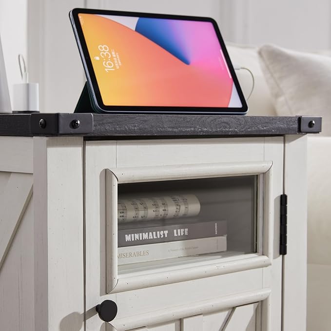 ACCOHOHO Farmhouse End Table with Charging Station,18'' Sofa Side Table,Nightstand with Barn Door,Bedside Table with Adjustable Shelf for Living Room, Bedroom, Office (White)