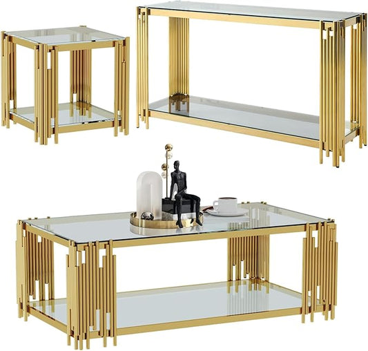 3 Pieces Glass Living Room Table Set Modern Coffee Table Console Table End Table Set with Storage 2-Tier Glass Gold Coffee Table Set w/Stainless Steel Frame for Apartment Home Office