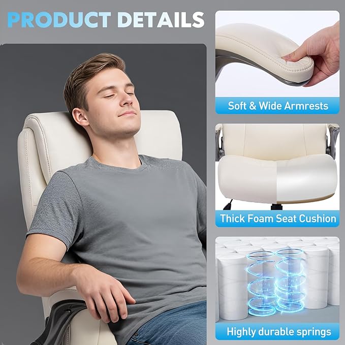 Ergonomic High-Back Executive Office Chairs, Heavy Duty Home Computer Chair with Lumbar Support, Flip-Up Arms, and PU Leather Upholstery, Beige