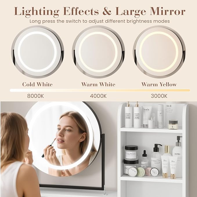 Vanity Desk with Rotating Mirror, Makeup Vanity Desk with Adjustable Mirror, 3 Colors Adjustable Light, Power Outlet, Dressing Table With 2 Drawers, Storage Shelves & Stool for Bedroom, White & Black
