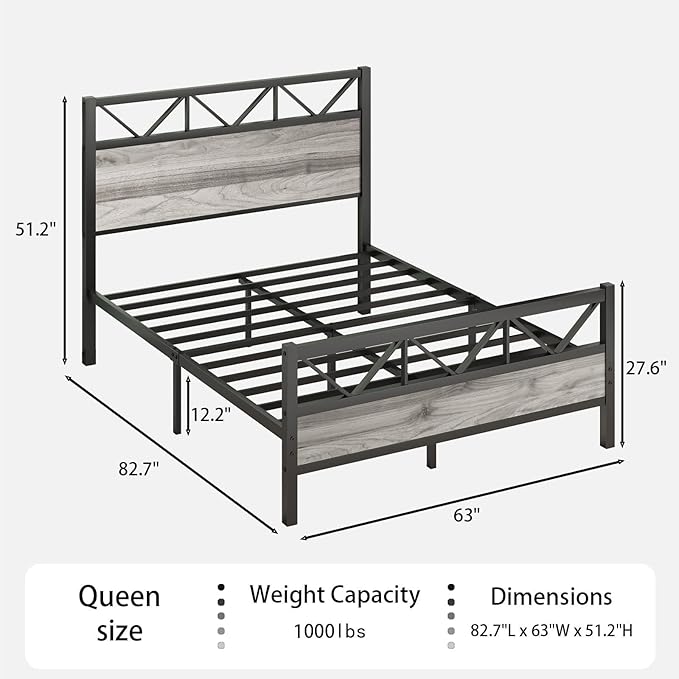 Queen Size Frame with 51.2" Tall Headboard, Platform Bed Frame with Metal Support, Solid and Stable, Noise Free, No Box Spring Needed, Wash Grey