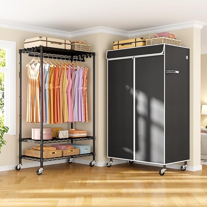 P6C Rolling Clothes Rack with Cover, Covered Clothing Racks Heavy Duty, Portable Closet for Hanging Clothes, Garment Racks on Wheels, Black Closet Rack with Black Cover, Max Load 365LBS