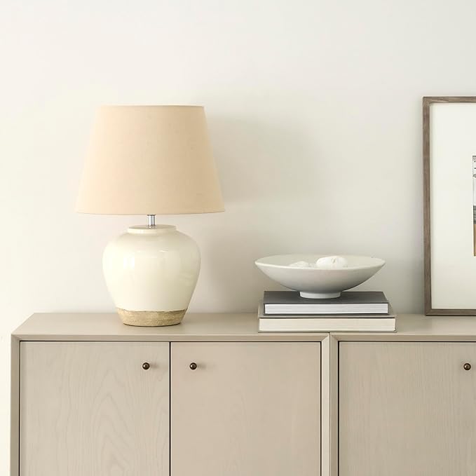 Nourison Home 20" White/Sand Farmhouse Ceramic Pot Table Lamp for Bedroom, Living Room, Console, Entryway