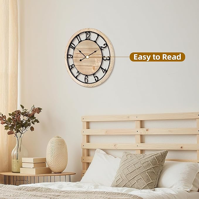 Maxstar 20'' Wall Clock for Living Room Decor, Ultra-Silent Rustic Wooden Farmhouse Wall Clock with Metal & Real Wood Frame, Battery Operated, for Kitchen Bedroom Office, Arabic Numerals