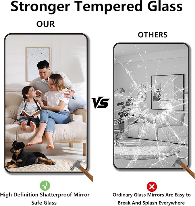 Koonmi Bathroom Mirror, 36X60 Brushed Black Metal Framed Wall-Mounted Mirror for Over Sink, HD Tempered Glass, Anti-Rust, Rounded Rectangle Mirror for Restroom, Bedroom, Hangs Horizontal or Vertical