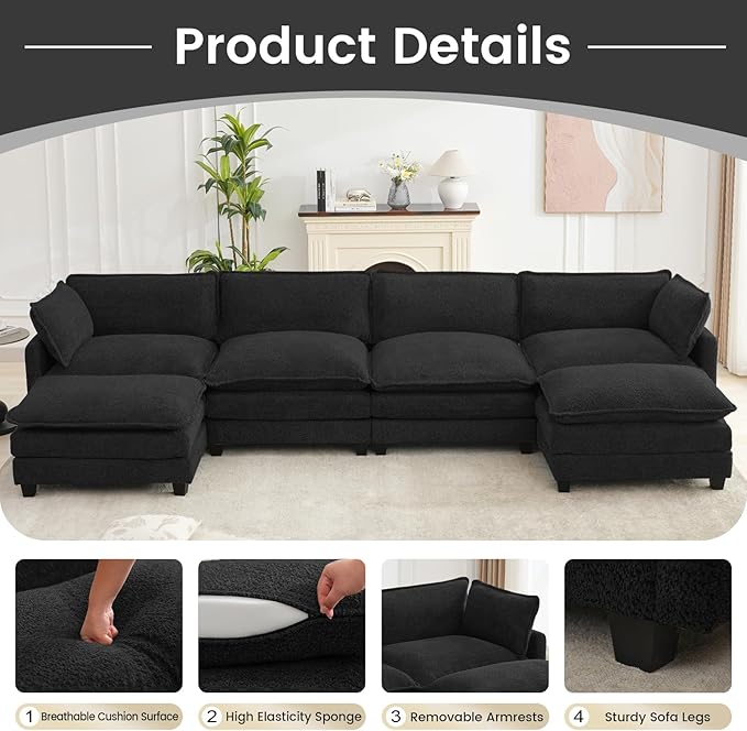 ROWHY Oversized Modular Sectional Couch with 2 Movable Ottoman, 148" Modern Convertible U Shaped Sofa Set, 4 Seat Comfy Cloud Couch with 2 Throw Pillows, for Living Room, Chenille, Black