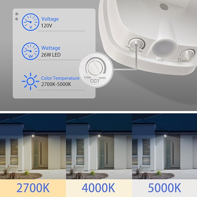 26W Flood Lights Outdoor, CCT Integrated LED Security Light Fixture, 1 Head Exterior LED Outdoor Light with Dusk to Dawn Control, ETL Water Resistant for Garage, Yard, Porch (White)