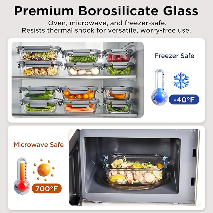 Glass Food Storage Containers with Lids, 10 Pack of 21oz, Glass Meal Prep Container with Airtight Lids, Microwave Safe Food Container Set, BPA Free, LeakProof, Ideal for Lunch